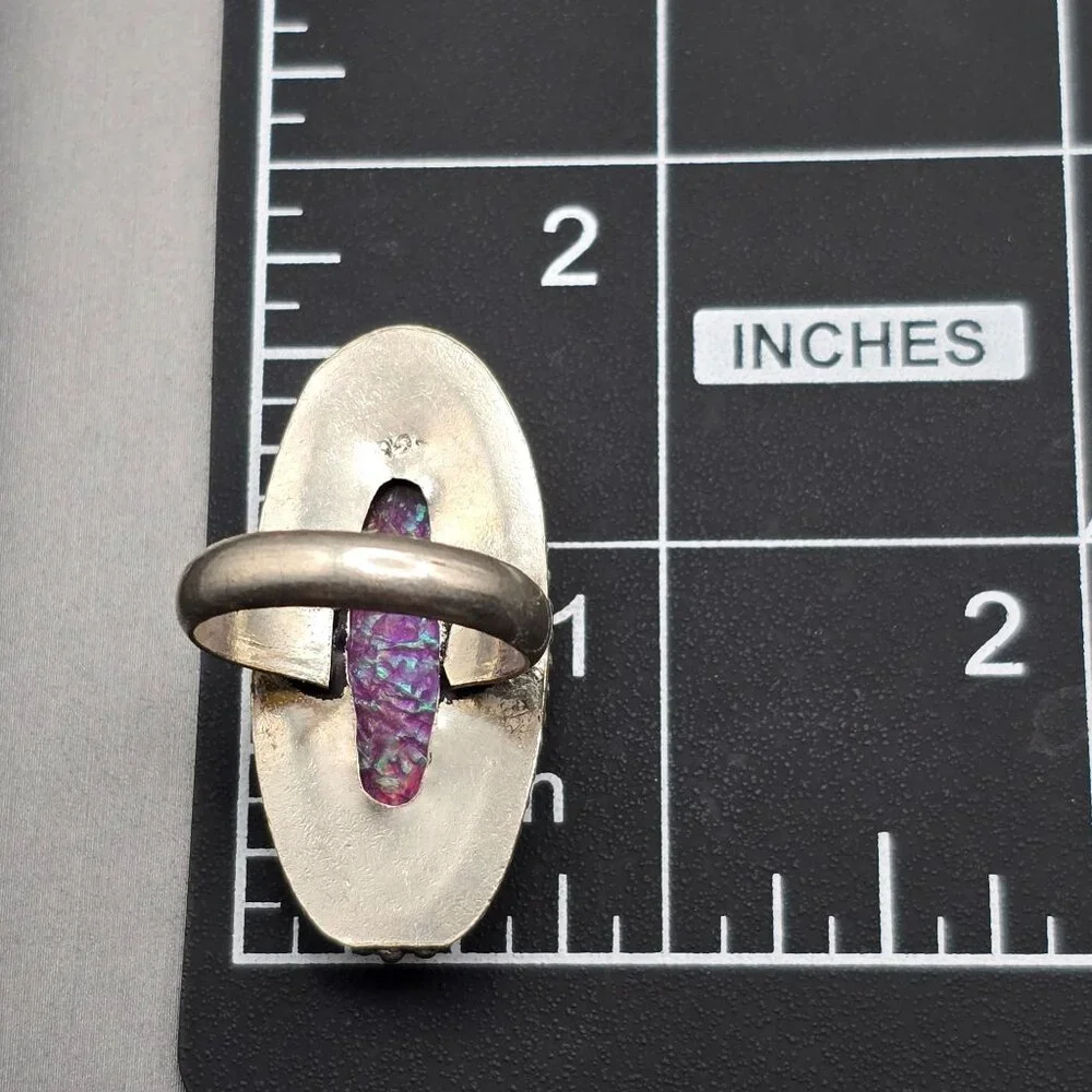 Triplet Opal Statement Ring VTG Pink Iridescent Glass Cabochon Size 8 Silver Plt - Picture 11 of 12